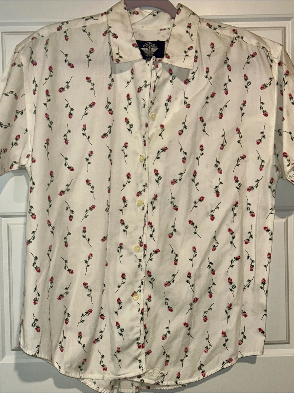 Vintage Dockers Cotton Button Down Blouse White with Pink Roses Cottagecore